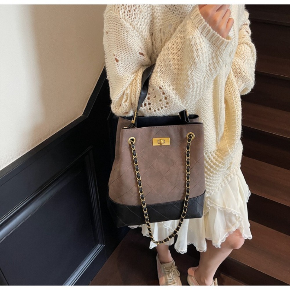 1pc Women's Retro Bucket Bag with Golden-Tone Hardware & Chain Strap - Elegant Golden-Tone Hardware, Buckle Closure, Lining - Coffee Brown/Light Brown/Gray/Black Handbag for Casual & Formal Events