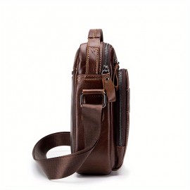 Double-layer business crossbody bag, portable shoulder bag casual bag, unisex Genuine Leather crossbody, top layer Genuine Leather square bag, Genuine Leather single-shoulder handbag